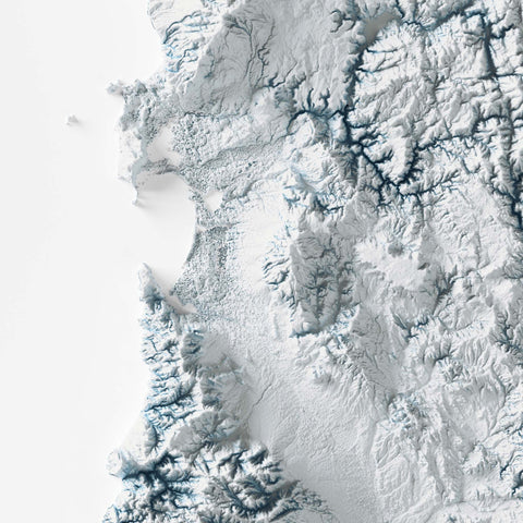 Sardinia (Italy), Elevation tint - White, 2D printed shaded relief map with 3D effect of Sardinia (Italy) with white hypsometric tint. Shop our beautiful fine art printed maps on supreme Cotton paper. Vintage maps digitally restored and enhanced with a 3D effect. VizCart from Vizart