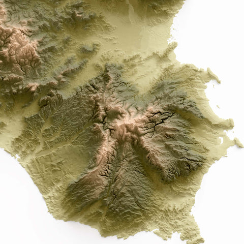 Sicily (Italy), Elevation tint - Geo, 2D printed shaded relief map with 3D effect of Sicily (Italy) with geo hypsometric tint. Shop our beautiful fine art printed maps on supreme Cotton paper. Vintage maps digitally restored and enhanced with a 3D effect. VizCart from Vizart
