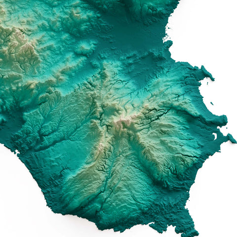 Sicily (Italy), Elevation tint - Spectral, 2D printed shaded relief map with 3D effect of Sicily (Italy) with spectral hypsometric tint. Shop our beautiful fine art printed maps on supreme Cotton paper. Vintage maps digitally restored and enhanced with a 3D effect. VizCart from Vizart
