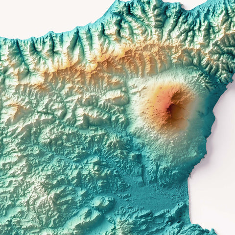 Sicily (Italy) spectral shaded relief elevation map printed on fine art paper close-up