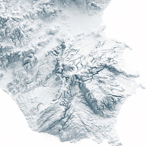 Sicily (Italy), Elevation tint - White, 2D printed shaded relief map with 3D effect of Sicily (Italy) with white hypsometric tint. Shop our beautiful fine art printed maps on supreme Cotton paper. Vintage maps digitally restored and enhanced with a 3D effect. VizCart from Vizart