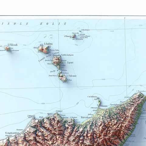 Sicily (Italy), Topographic map - 1943, 2D printed shaded relief map with 3D effect of a 1943 topographic map of Siciliy (Italy). Shop our beautiful fine art printed maps on supreme Cotton paper. Vintage maps digitally restored and enhanced with a 3D effect. VizCart from Vizart