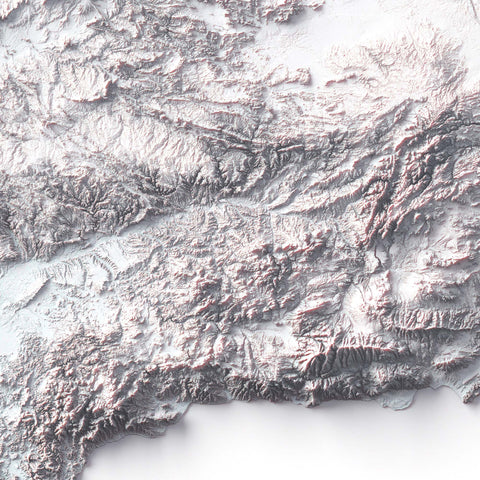 Spain continental, Elevation tint - White, 2D printed shaded relief map with 3D effect of Spain continental with monocrome white tint. Shop our beautiful fine art printed maps on supreme Cotton paper. Vintage maps digitally restored and enhanced with a 3D effect. VizCart from Vizart