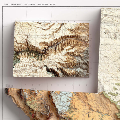 Texas, Geological map - 1933, 2D printed shaded relief map with 3D effect of a 1933 geologic map of Texas (USA). Shop our beautiful fine art printed maps on supreme Cotton paper. Vintage maps digitally restored and enhanced with a 3D effect. VizCart from Vizart
