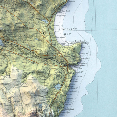 Thurso (Scotland, UK), Topographic map - 1912, 2D printed shaded relief map with 3D effect of a 1912 topographic map of Thurso and Wick (Scotland, UK). Shop our beautiful fine art printed maps on supreme Cotton paper. Vintage maps digitally restored and enhanced with a 3D effect. VizCart from Vizart