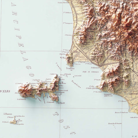 Tuscany (Italy), Topographic map - 1935, 2D printed shaded relief map with 3D effect of a 1935 topographic map of Tuscany (Italy). Shop our beautiful fine art printed maps on supreme Cotton paper. Vintage maps digitally restored and enhanced with a 3D effect. VizCart from Vizart