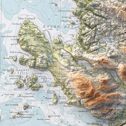 Ullapool (Scotland, UK), Topographic map - 1912, 2D printed shaded relief map with 3D effect of a 1912 topographic map of Ullapool and Lochinver (Scotland, UK). Shop our beautiful fine art printed maps on supreme Cotton paper. Vintage maps digitally restored and enhanced with a 3D effect. VizCart from Vizart
