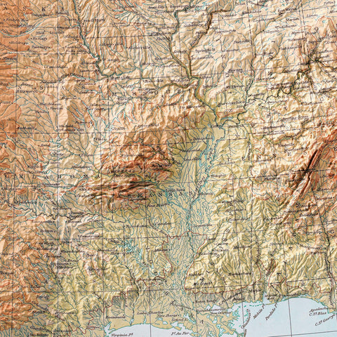 USA 1911 topographic restored antique shaded relief map print on fine art paper close-up
