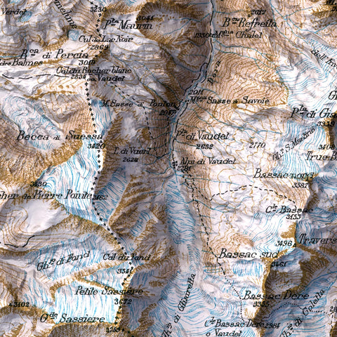 Valgrisenche (Italy), Topographic map - 1899, 2D printed shaded relief map with 3D effect of a 1899 topographic map of Valgrisenche (Aosta Valley, Italy). Shop our beautiful fine art printed maps on supreme Cotton paper. Vintage maps digitally restored and enhanced with a 3D effect. VizCart from Vizart