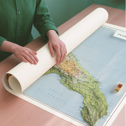 Apulia and Lucania (Italy) 1950 topographic restored antique shaded relief map print on fine art paper rolled poster ready for shipping