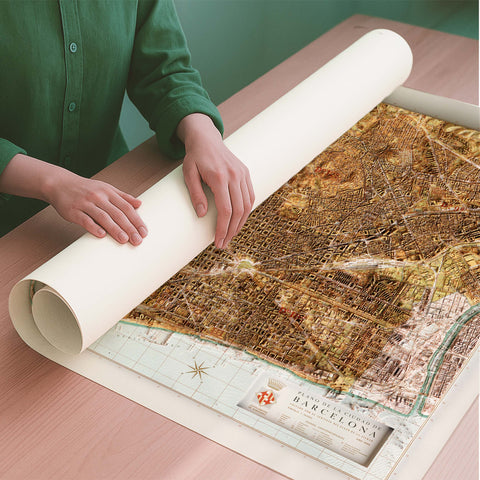 Barcelona (Spain) 1962 city restored antique shaded relief map print on fine art paper rolled poster ready for shipping