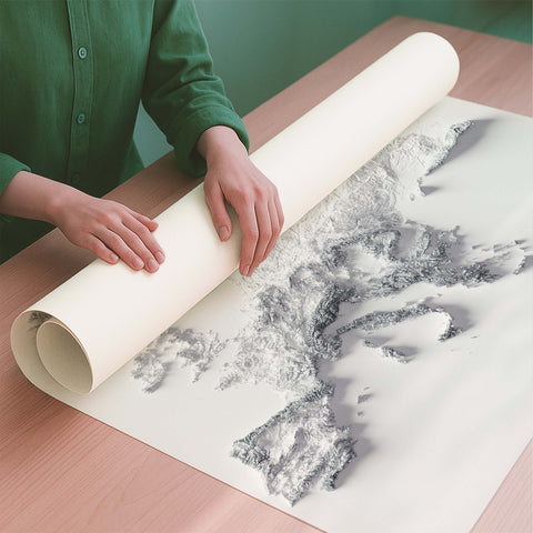 Europe white shaded relief elevation map printed on fine art paper rolled poster ready for shipping