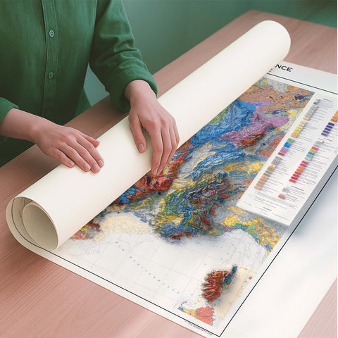 France 1980 geological restored antique shaded relief map print on fine art paper rolled poster ready for shipping