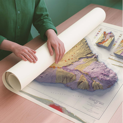 Maui (USA) 1942 geological restored antique shaded relief map print on fine art paper rolled poster ready for shipping