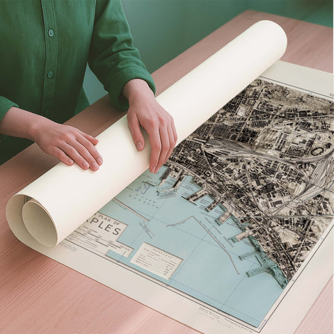 Naples (Italy) 1943 city restored antique shaded relief map print on fine art paper rolled poster ready for shipping