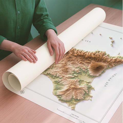 Sicily (Italy) geo shaded relief elevation map printed on fine art paper rolled poster ready for shipping