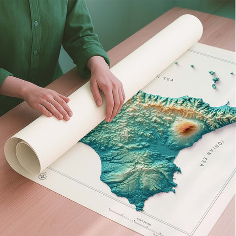 Sicily (Italy) spectral shaded relief elevation map printed on fine art paper rolled poster ready for shipping