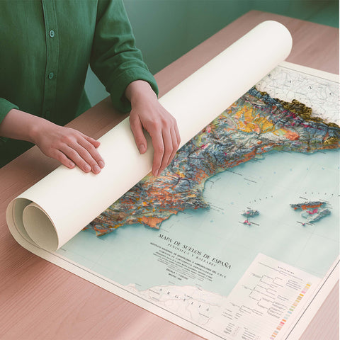 Spanish peninsula and Baleares 1966 soil restored antique shaded relief map print on fine art paper rolled poster ready for shipping
