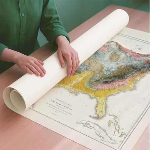 USA 1874 geological restored antique shaded relief map print on fine art paper rolled poster ready for shipping