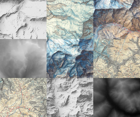collage composition of the different layers used by Vizart to create a vintage shaded relief map