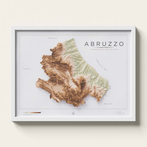 Abruzzo (Italy) geo shaded relief elevation map printed on fine art paper framed