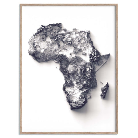 Africa White elevation tint shaded relief map print with 3D effect fine art wall decor. VizCart from Vizart