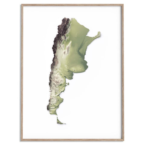 Argentina, Elevation tint - Geo, 2D printed shaded relief map with 3D effect of Argentina with geo tint. Shop our beautiful fine art printed maps on supreme Cotton paper. Vintage maps digitally restored and enhanced with a 3D effect. VizCart from Vizart