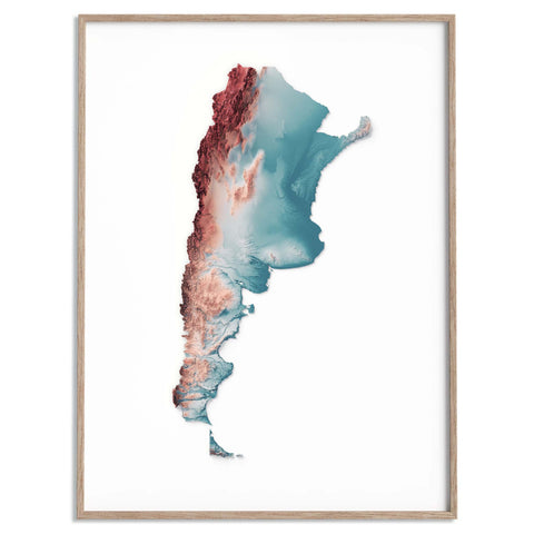 Argentina, Elevation tint - Irid, 2D printed shaded relief map with 3D effect of Argentina with irid tint. Shop our beautiful fine art printed maps on supreme Cotton paper. Vintage maps digitally restored and enhanced with a 3D effect. VizCart from Vizart