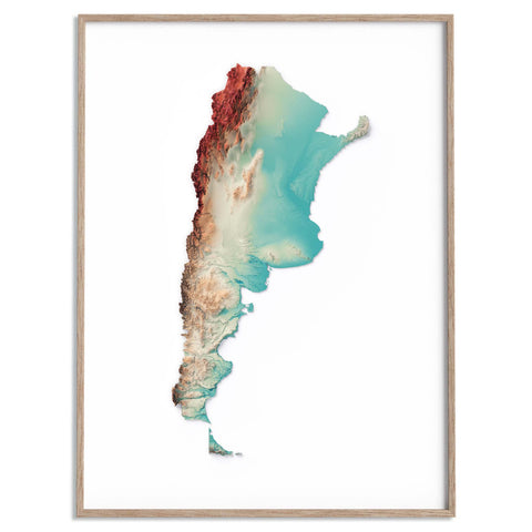 Argentina, Elevation tint - Spectral, 2D printed shaded relief map with 3D effect of Argentina with spectral tint. Shop our beautiful fine art printed maps on supreme Cotton paper. Vintage maps digitally restored and enhanced with a 3D effect. VizCart from Vizart