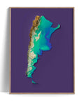 Argentina, Elevation tint - Viridis, 2D printed shaded relief map with 3D effect of Argentina with viridis tint. Shop our beautiful fine art printed maps on supreme Cotton paper. Vintage maps digitally restored and enhanced with a 3D effect., VizCart from Vizart