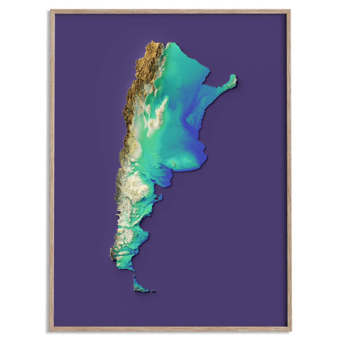 Argentina, Elevation tint - Viridis, 2D printed shaded relief map with 3D effect of Argentina with viridis tint. Shop our beautiful fine art printed maps on supreme Cotton paper. Vintage maps digitally restored and enhanced with a 3D effect. VizCart from Vizart