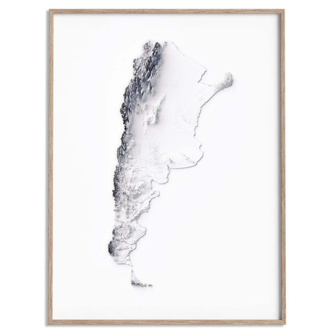 Argentina, Elevation tint - White, 2D printed shaded relief map with 3D effect of Argentina with white tint. Shop our beautiful fine art printed maps on supreme Cotton paper. Vintage maps digitally restored and enhanced with a 3D effect. VizCart from Vizart