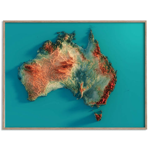 Australia, Elevation tint - Spectral, 2D printed shaded relief map with 3D effect of Australia with spectral hypsometric tint. Shop our beautiful fine art printed maps on supreme Cotton paper. Vintage maps digitally restored and enhanced with a 3D effect. VizCart from Vizart