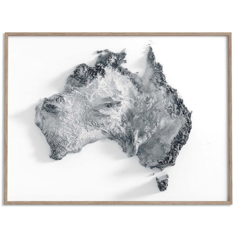 Australia, Elevation tint - White, 2D printed shaded relief map with 3D effect of Australia with white hypsometric tint. Shop our beautiful fine art printed maps on supreme Cotton paper. Vintage maps digitally restored and enhanced with a 3D effect. VizCart from Vizart