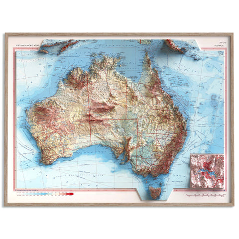 Australia, Topographic map - 1967, 2D printed shaded relief map with 3D effect of a 1967 topographic map of Australia. Shop our beautiful fine art printed maps on supreme Cotton paper. Vintage maps digitally restored and enhanced with a 3D effect. VizCart from Vizart