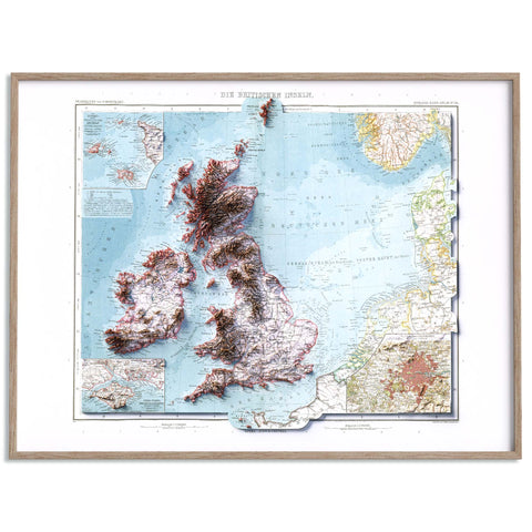 British-Irish Isles, Topographic map - 1911, 2D printed shaded relief map with 3D effect of a 1911 topographic map of Britain and Ireland (British-Irish Isles). Shop our beautiful fine art printed maps on supreme Cotton paper. Vintage maps digitally restored and enhanced with a 3D effect. VizCart from Vizart