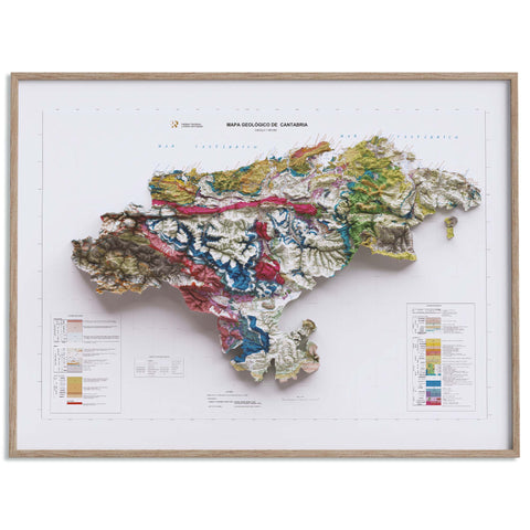 Cantabria (Spain), Geological map - 1989, 2D printed shaded relief map with 3D effect of a 1989 geologic map of Cantabria (Spain). Shop our beautiful fine art printed maps on supreme Cotton paper. Vintage maps digitally restored and enhanced with a 3D effect. VizCart from Vizart