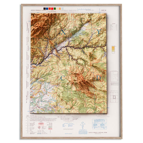 Castelo Branco (Portugal), Topographic map - 1944, 2D printed shaded relief map with 3D effect of a 1944 topographic map of Castelo Branco (Portugal). Shop our beautiful fine art printed maps on supreme Cotton paper. Vintage maps digitally restored and enhanced with a 3D effect. VizCart from Vizart