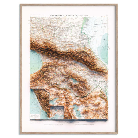 Caucasus, Topographic map - 1909, 2D printed shaded relief map with 3D effect of a 1909 topographic map of Caucasus. Shop our beautiful fine art printed maps on supreme Cotton paper. Vintage maps digitally restored and enhanced with a 3D effect. VizCart from Vizart