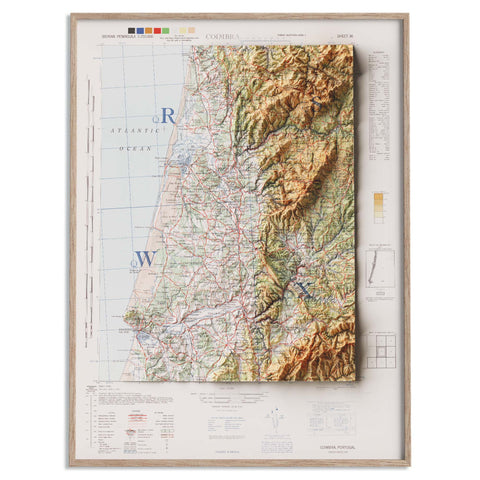 Coimbra (Portugal), Topographic map - 1944, 2D printed shaded relief map with 3D effect of a 1944 topographic map of Coimbra (Portugal). Shop our beautiful fine art printed maps on supreme Cotton paper. Vintage maps digitally restored and enhanced with a 3D effect. VizCart from Vizart