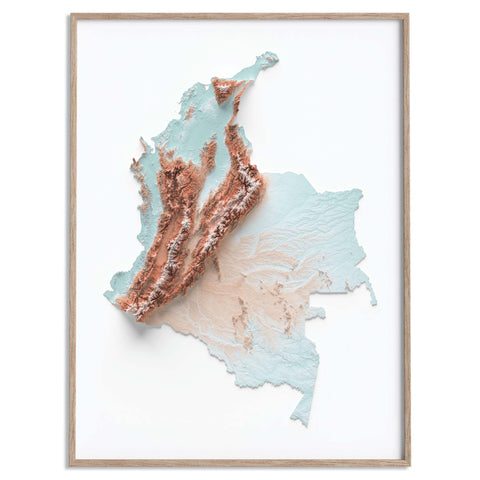 Colombia, Elevation tint - Candy, 2D printed shaded relief map with 3D effect of Colombia with candy tint. Shop our beautiful fine art printed maps on supreme Cotton paper. Vintage maps digitally restored and enhanced with a 3D effect. VizCart from Vizart