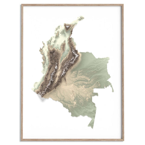 Colombia, Elevation tint - Geo, 2D printed shaded relief map with 3D effect of Colombia with geo tint. Shop our beautiful fine art printed maps on supreme Cotton paper. Vintage maps digitally restored and enhanced with a 3D effect. VizCart from Vizart