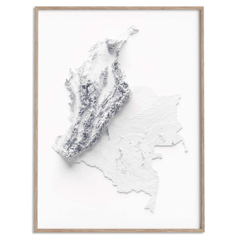 Colombia, Elevation tint - White, 2D printed shaded relief map with 3D effect of Colombia with white tint. Shop our beautiful fine art printed maps on supreme Cotton paper. Vintage maps digitally restored and enhanced with a 3D effect. VizCart from Vizart