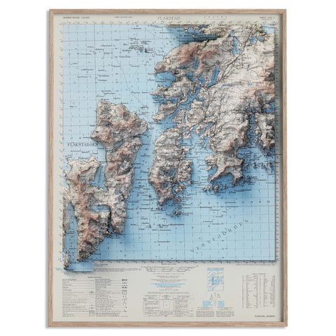 Flakstad (Lofoten Islands, Norway), Topographic map - 1952, 2D printed shaded relief map with 3D effect of a 1952 topographic map of Flakstad (Lofoten Islands, Norway). Shop our beautiful fine art printed maps on supreme Cotton paper. Vintage maps digitally restored and enhanced with a 3D effect. VizCart from Vizart