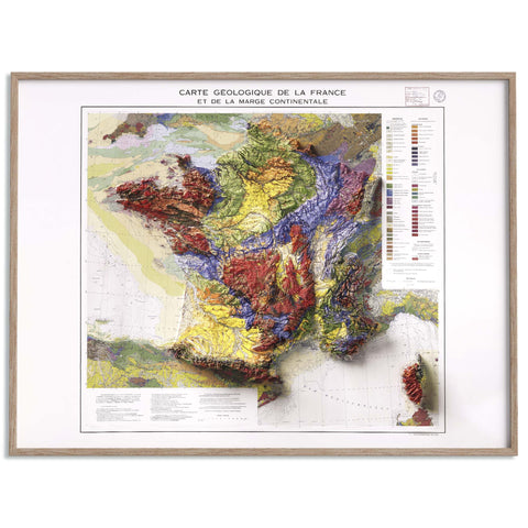 France, Geological map - 1980, 2D printed shaded relief map with 3D effect of a 1980 geological map of France. Shop our beautiful fine art printed maps on supreme Cotton paper. Vintage maps digitally restored and enhanced with a 3D effect. VizCart from Vizart