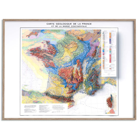 France 1980 geological restored antique shaded relief map print on fine art paper framed