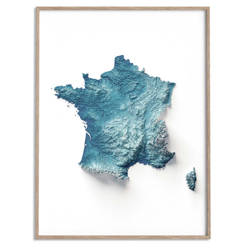 France, Elevation tint - Deep Blue, 2D printed shaded relief map with 3D effect of France with deep blue elevation tint. Shop our beautiful fine art printed maps on supreme Cotton paper. Vintage maps digitally restored and enhanced with a 3D effect. VizCart from Vizart