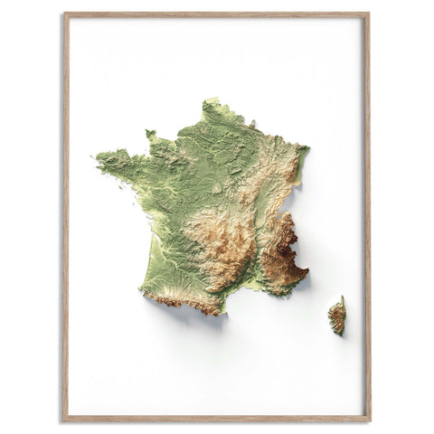 France, Elevation tint - Geo, 2D printed shaded relief map with 3D effect of France with geo elevation tint. Shop our beautiful fine art printed maps on supreme Cotton paper. Vintage maps digitally restored and enhanced with a 3D effect. VizCart from Vizart