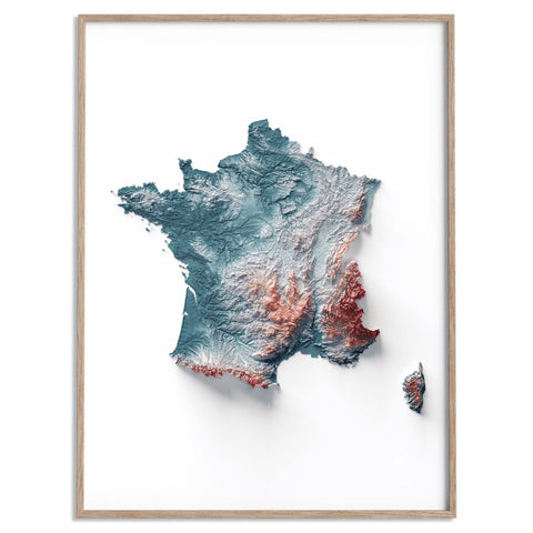 France, Elevation tint - Irid, 2D printed shaded relief map with 3D effect of France with irid elevation tint. Shop our beautiful fine art printed maps on supreme Cotton paper. Vintage maps digitally restored and enhanced with a 3D effect. VizCart from Vizart