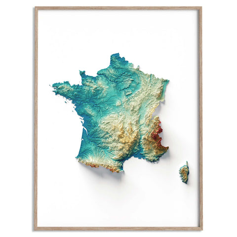 France, Elevation tint - Spectral, 2D printed shaded relief map with 3D effect of France with spectral elevation tint. Shop our beautiful fine art printed maps on supreme Cotton paper. Vintage maps digitally restored and enhanced with a 3D effect. VizCart from Vizart